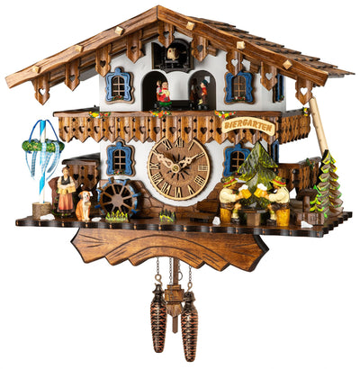 Engstler Quartz Cuckoo Clock with Musik Black Forest House with Moving Beer Drinkers and Mill Wheel