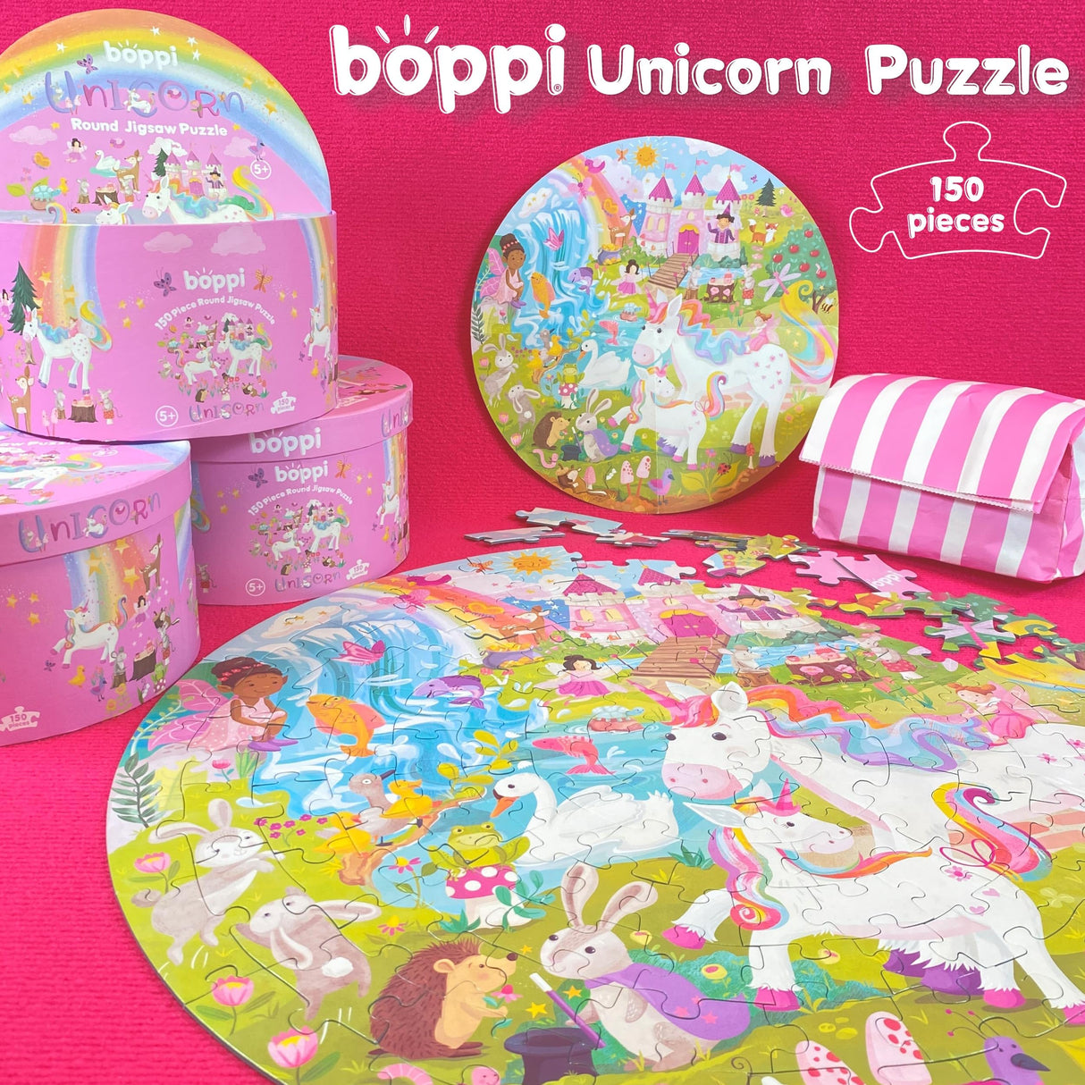Unicorn Jigsaw Puzzle for Kids Ages 5-8 - 150 Piece Round Unicorn Kids Puzzles - Princess Puzzle with Fairies and Animals Made with 100% Recycled Card by boppi boppi