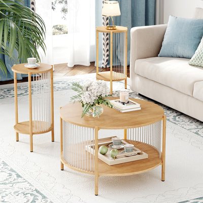 Yechen 3-Piece Boho Coffee Table Set with Hand-Woven Natural Rope, 2 Tier Wooden Round Coffee Table and End Table Sets with Metal Frame, Side Table with Storage for Living Room, Bedroom