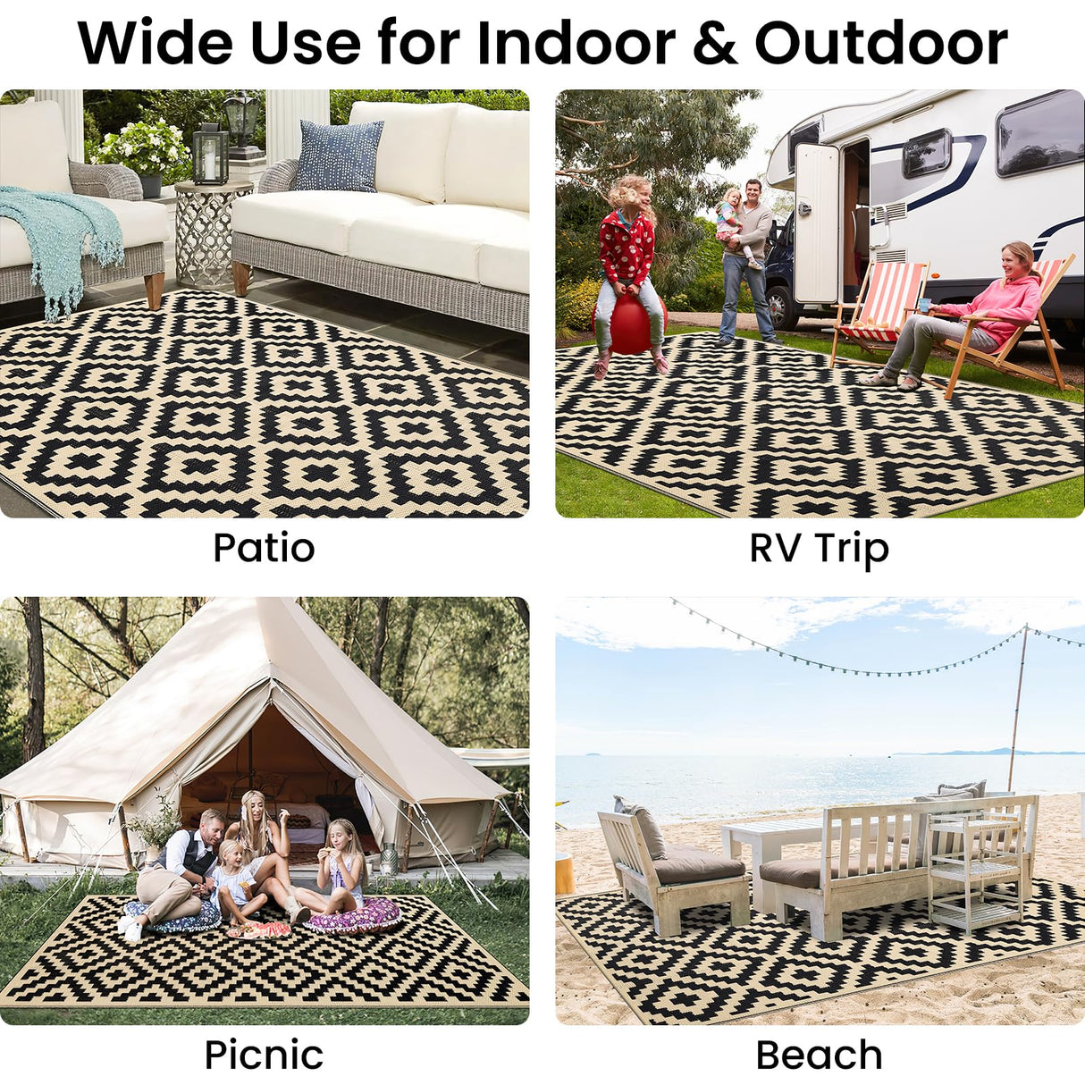 Smiry Waterproof Outdoor Rug 5x8 ft, Reversible Plastic Straw Patio Camping Rugs, Outdoor Indoor RV Mat Carpet for Patio, Outside Entry, Backyard, Deck, Bench, Picnic, Camper, Black & Beige Smiry
