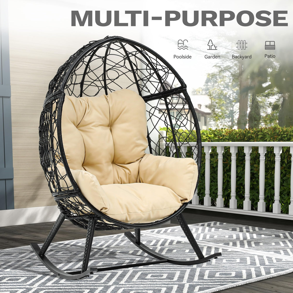 DWVO Wicker Rocking Egg Chair, Oversized Indoor Outdoor Rattan Rocking Chair, Indoor Outdoor Lounger for Patio, Backyard, Living Room, Black & Beige DWVO
