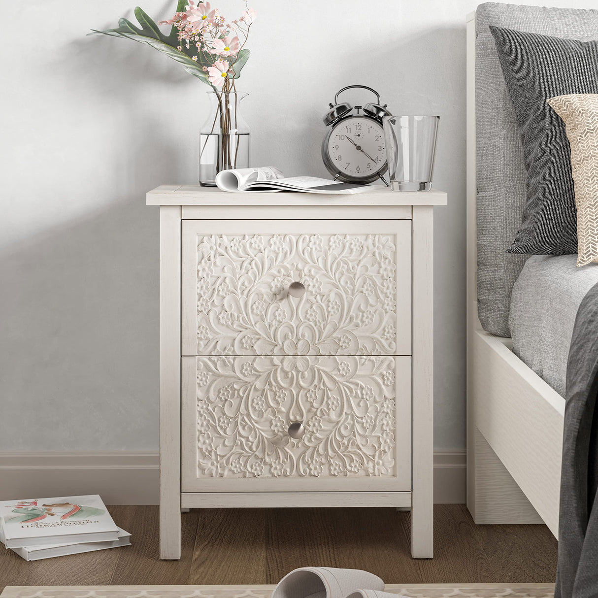 COZAYH Farmhouse Fully-Assembled Nightstand with 2-Drawer, Flower Motif End Table for Small Spaces, French Country, Modern, Distressed Finish, White-Washed COZAYH