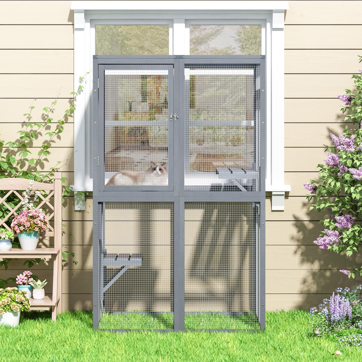 COZIWOW Catio Outdoor Cat Enclosure Window Access, Wooden Cat House Shelter, Kitty Cage with 3 Platforms for Patio Indoor (Grey) COZIWOW