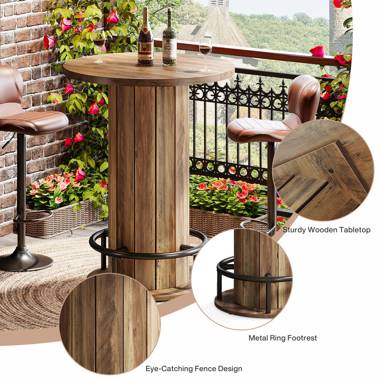Tribesigns Round Bar Table, 39.4" H Wood Bistro Pub Table with Metal Ring Footrest for Dining Coffee Cocktail Living Room, Small Space, Brown(Only Table) Tribesigns
