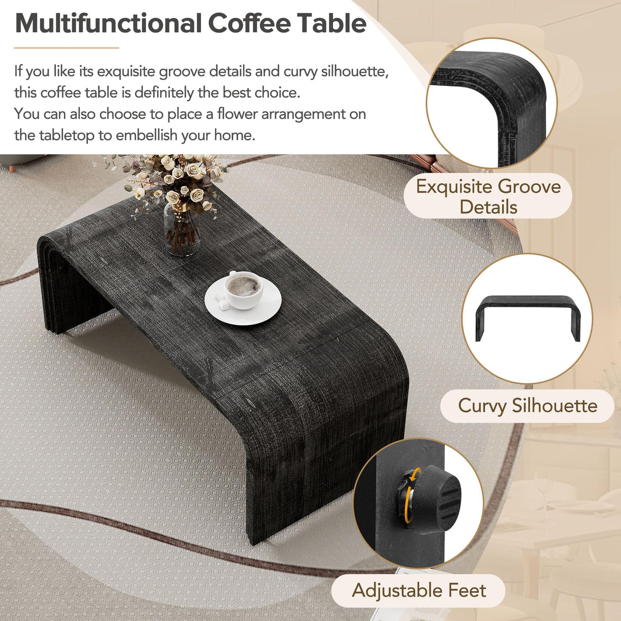 Bellemave Modern Coffee Table with Curved Art Deco Design Center Sofa Table Minimalist Cocktail Wooden Table for Living Room, Antique Black Bellemave