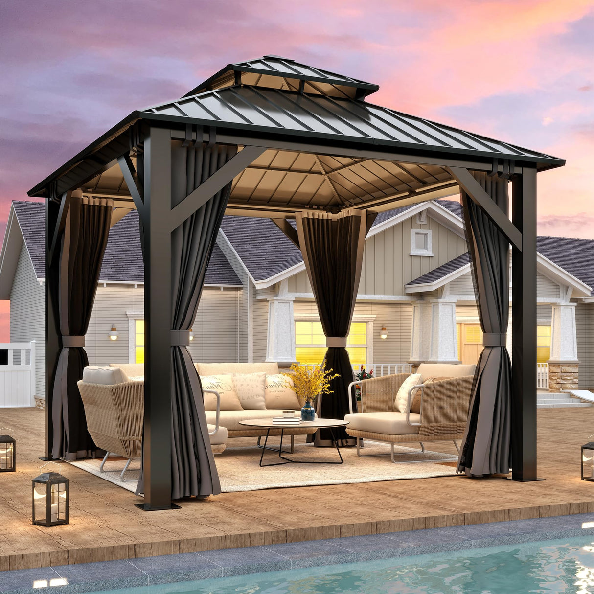 8.5' x 8.5' Hardtop Gazebo, Galvanized Steel Double Roof Gazebo with Nettings and Curtain Outdoor Aluminum Frame Vertical Stripes Roof Gazebos for Patio, Backyard, Lawn Raysfung