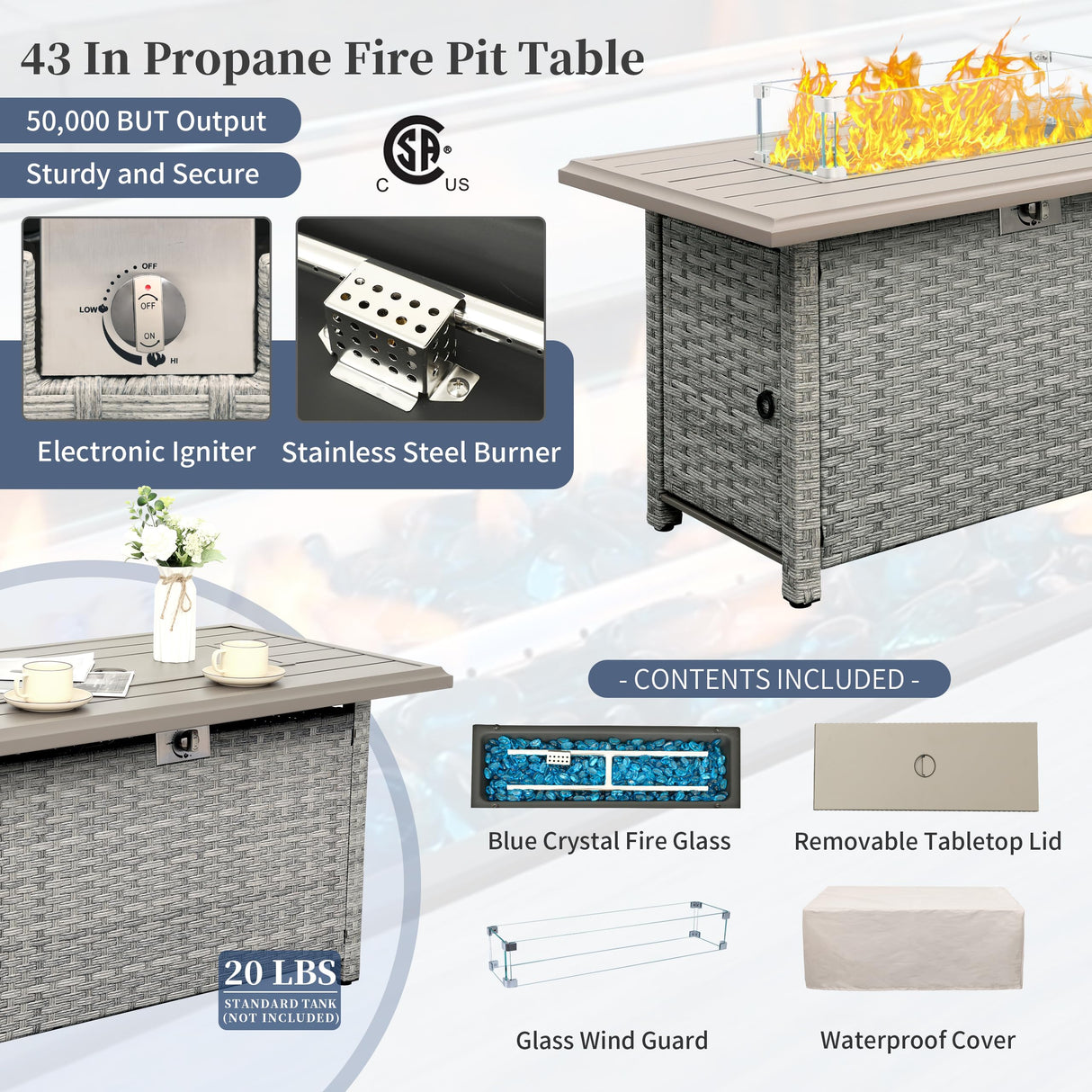 WAROOM Patio Furniture Set 6 Piece Grey Wicker Outdoor Furniture Patio Sectional Sofa Couch PE Rattan Conversation Sets with Fire Pit Table, Blue Cushion WAROOM