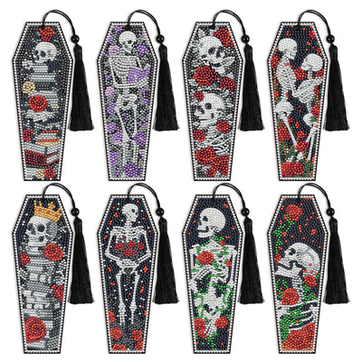 8 Pcs Gothic Skeleton Diamond Art Bookmarks Kit, Skull Halloween Diamond Painting Bookmarks with Tassels for Adults, DIY Horror Book Mark Craft Set for Women Men Reading Lovers