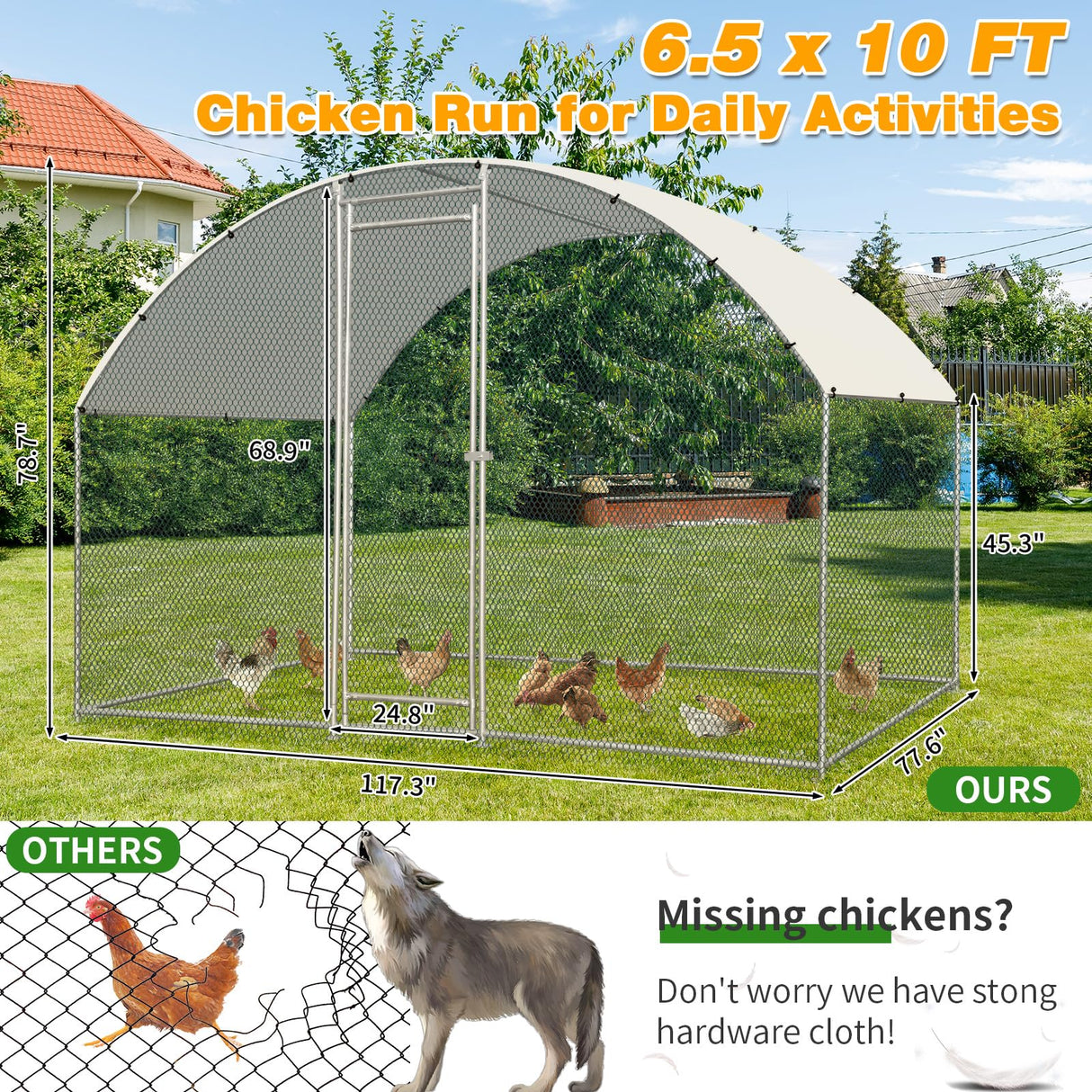 VINGLI Large Metal Chicken Coop, Spacious Chickens Poultry Cage with Waterproof & Anti-UV Cover, Duck Rabbit Walk-in Chicken Pen Outdoor (6.5 x 9.8 x 6.5 ft) VINGLI