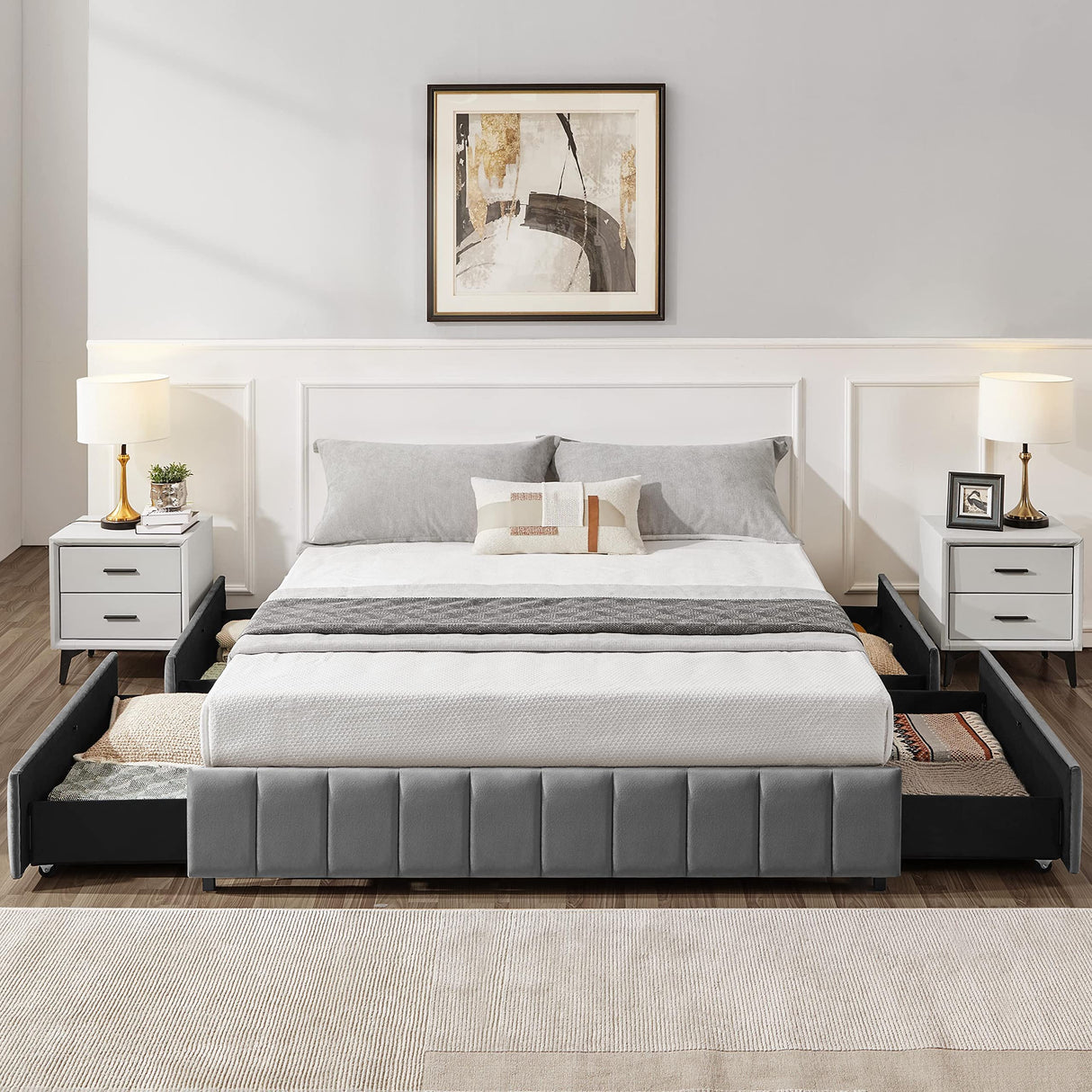 Yaheetech Dark Grey Upholstered Queen Bed with 4 Storage Drawers and No Fixed Headboard Yaheetech