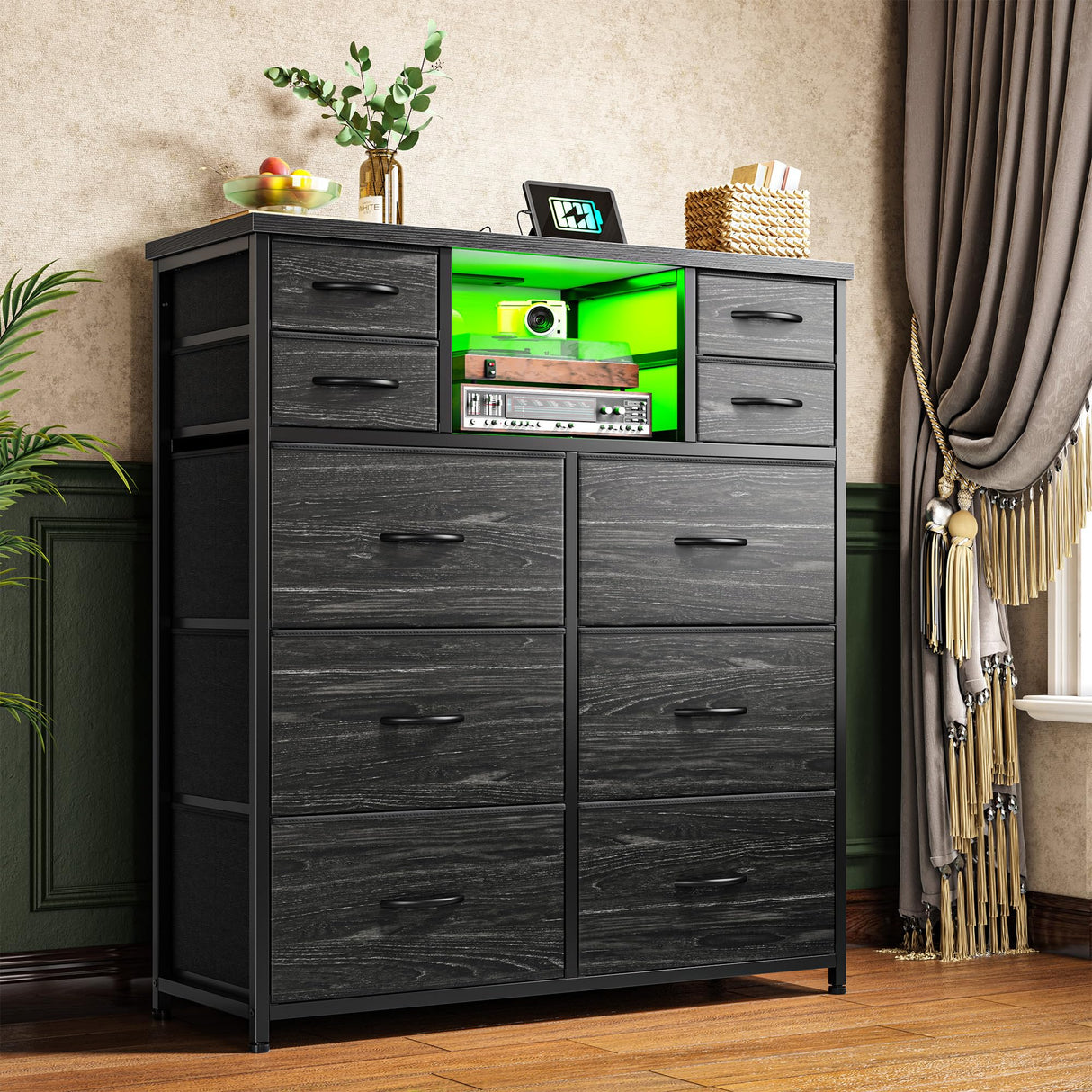 Romorgniz Dresser for Bedroom with 10 Drawers Featuring LED Light and Power Outlet, Fabric Dressers & Chest of Drawers with Open Shelves for Hallway, Living Room, Metal Frame,Wood Top,Grain Black Romorgniz