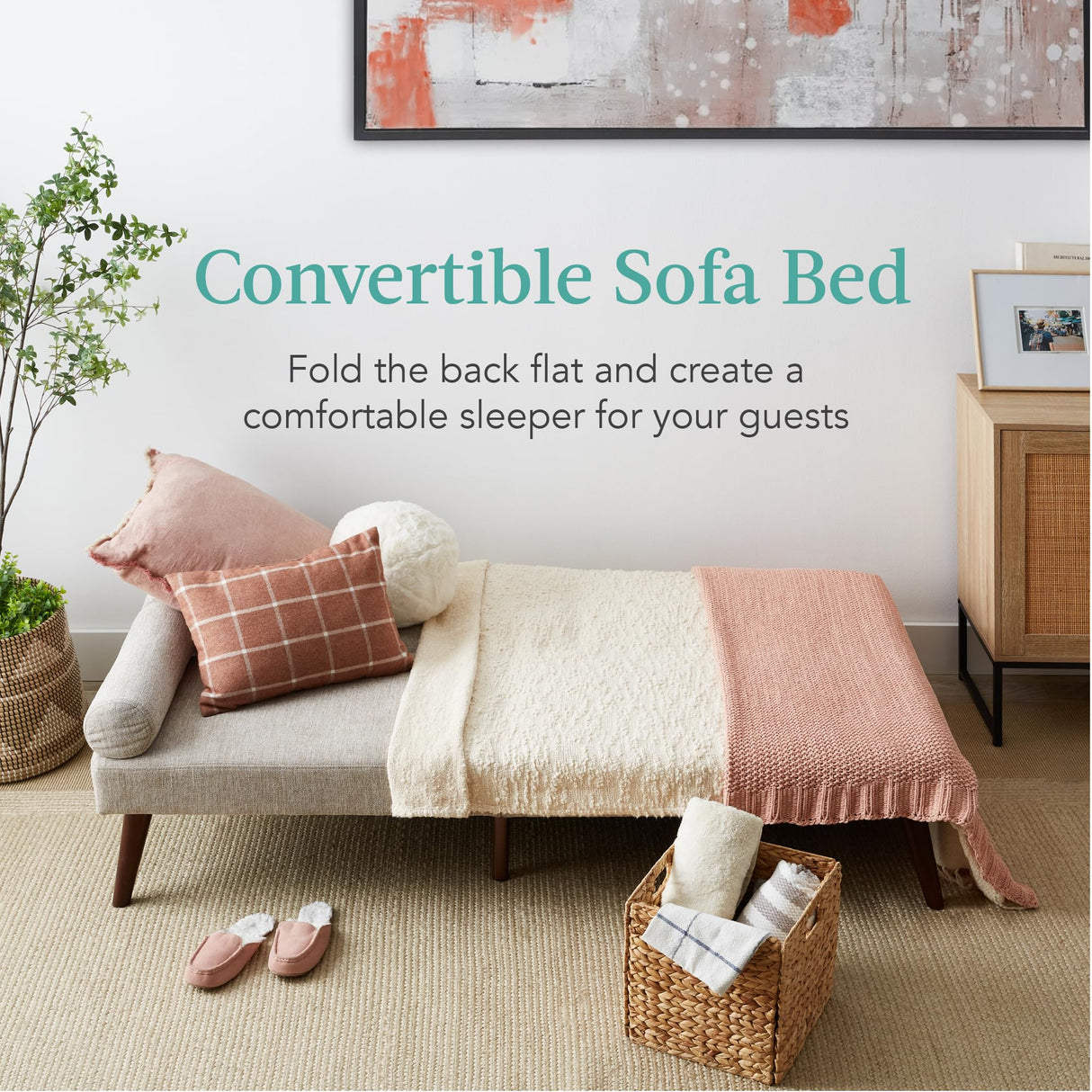 Best Choice Products Mid-Century Modern Upholstered Futon, Convertible Folding Sofa Bed, Small Couch w/Rounded Armrests, 2 Cupholders - Sand Best Choice Products