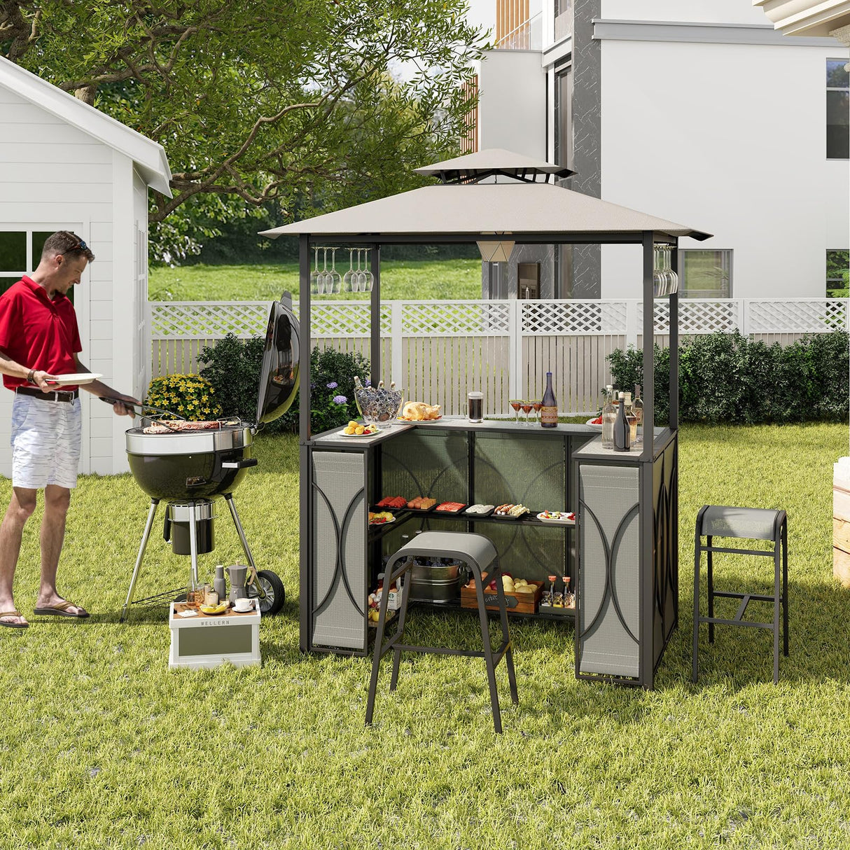 Tangkula 3-Piece Patio Bar Set, Grill Gazebo & 2 Bar Stools with Tempered Glass Bar Table, Metal Storage Shelves, Glass Holders, Double-Tier Soft Top Canopy BBQ Gazebo Shelter for Patio Garden (Grey) Tangkula