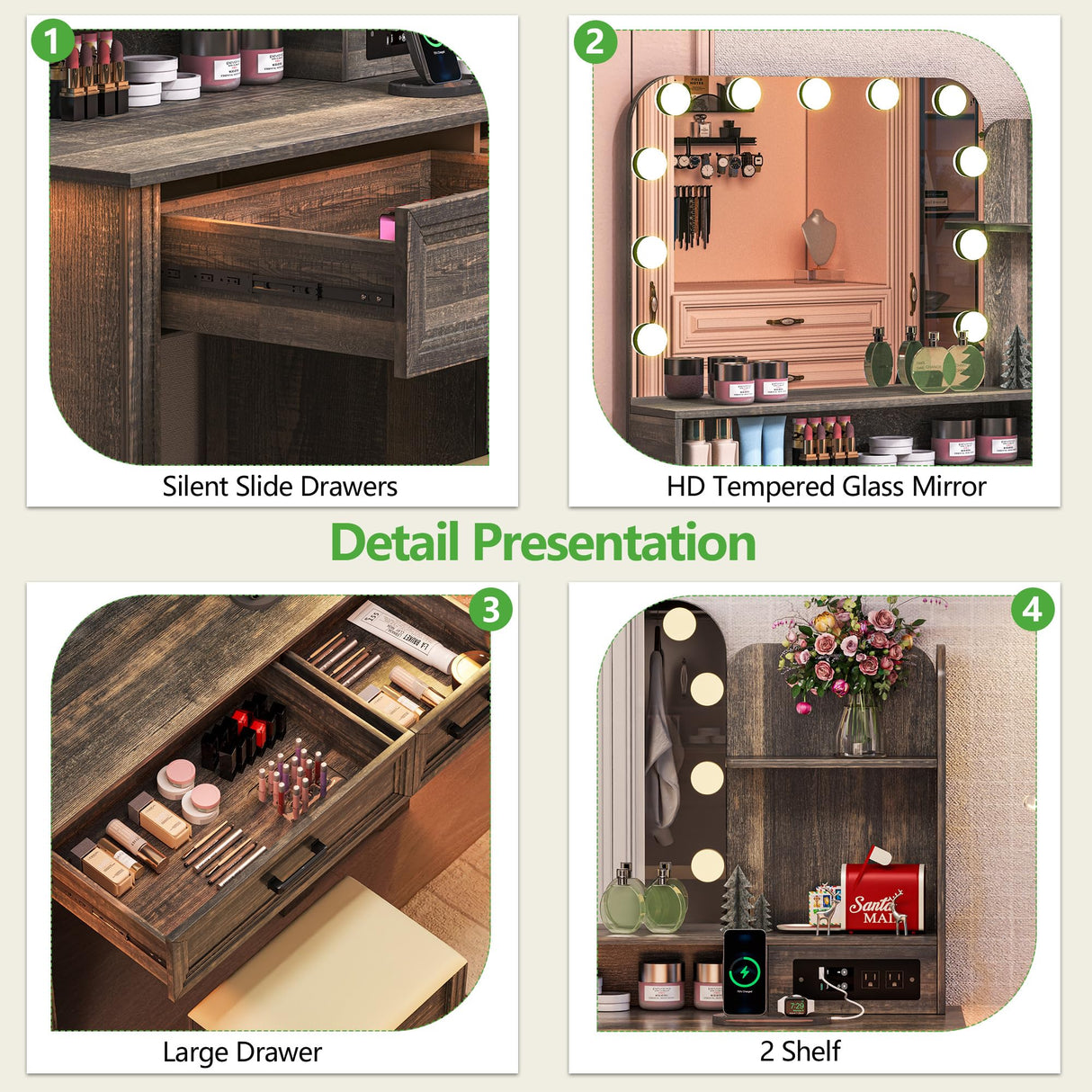 HNEBC Vanity Desk with Mirror and Lights, LED Makeup Vanity with Charging Station(USB+Type-C+2 Outlet), Farmhouse Vanitys Dressing Table with Drawer/11 Bulb,Vanity Chair with Storage (Rustic Brown) HNEBC