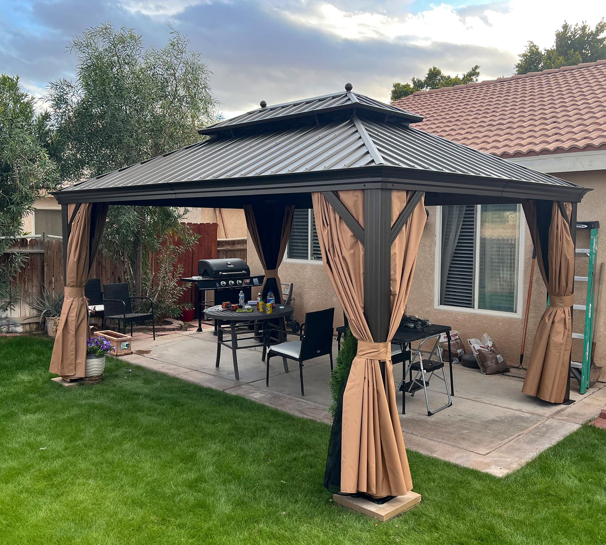 PURPLE LEAF 11' X 15' Outdoor Hardtop Gazebo Patio Wide Aluminum Frame Metal Double Roof with Heavy Duty Netting and Curtains for Permanent Hard Top Pavilion Screen, Khaki PURPLE LEAF