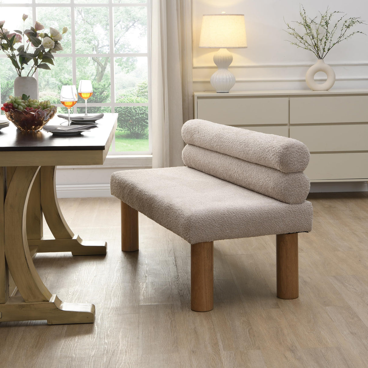 GDFStudio Upholstered Boucle Dining Bench with Backrest Farmhouse Entryway Bench with Rubber Wood Legs Long Indoor Bench for Bedroom Living Room End of Bed Dining Room Seating, Light Grey GDFStudio