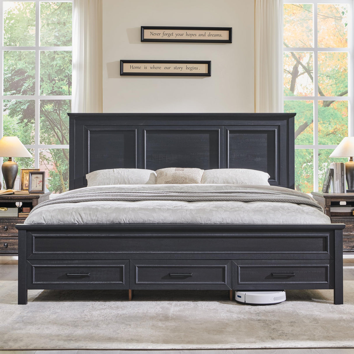 JXQTLINGMU Farmhouse Queen Wood Bed Frame with 52" Tall Headboard & Footboard, Platform Bedframe with Hidden Storage Drawers, Noiseless, No Box Spring Required, Antique Black JXQTLINGMU