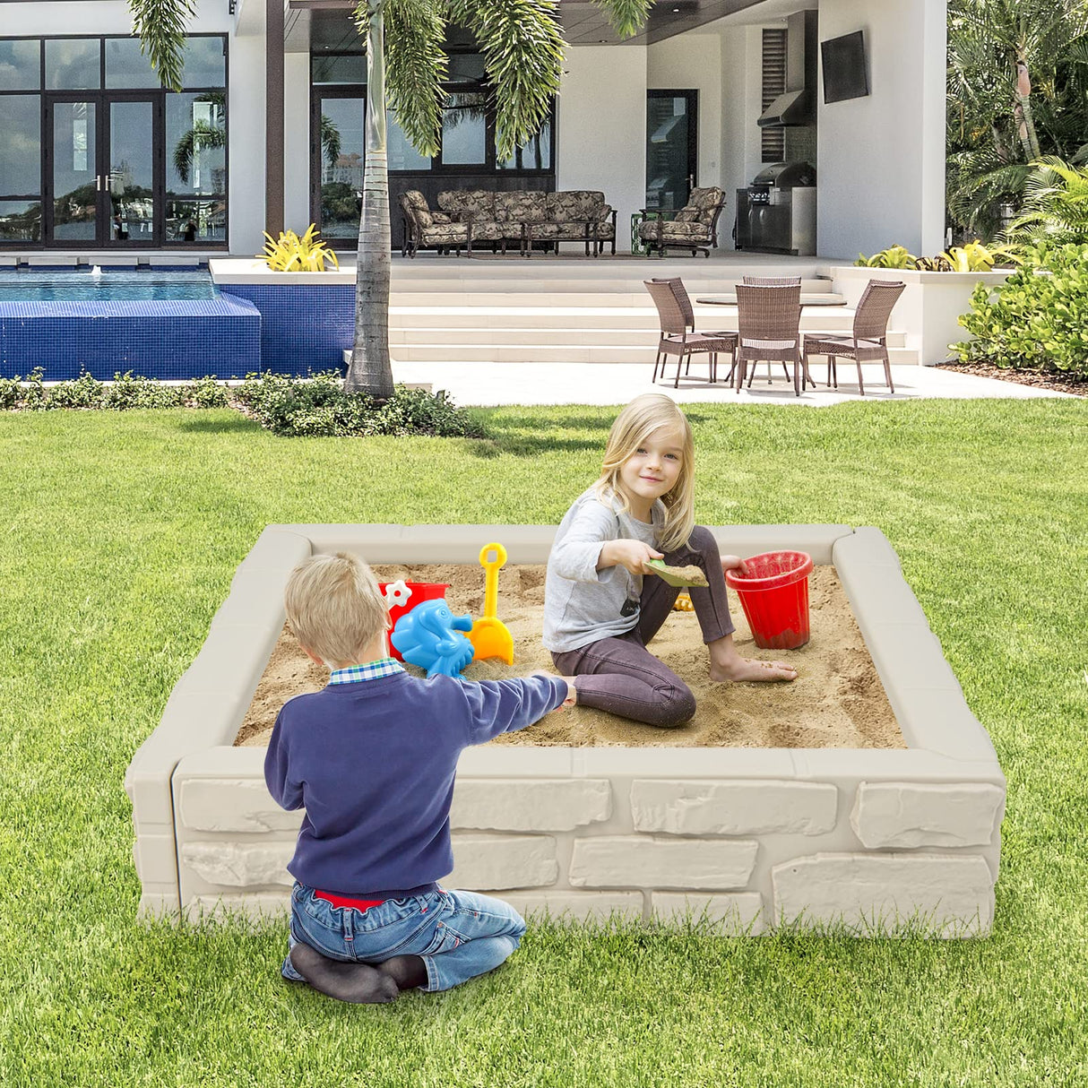 HONEY JOY Sandbox with Cover, 47x47 Inch Square Sand Pit for Backyard, Bottom Drainage Oxford Liner, HDPE Playful All Weather Resistant Sand Boxes for Kids Outdoor with Lid (White) HONEY JOY