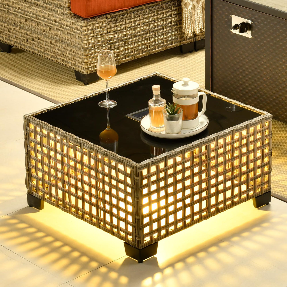 CAODOC 15-Piece Outdoor Sectional Sofa Set w/ 43" Fire Pit – L-Shaped Wicker Patio Furniture, Deep Seating & Swivel Rockers, Red CAODOC