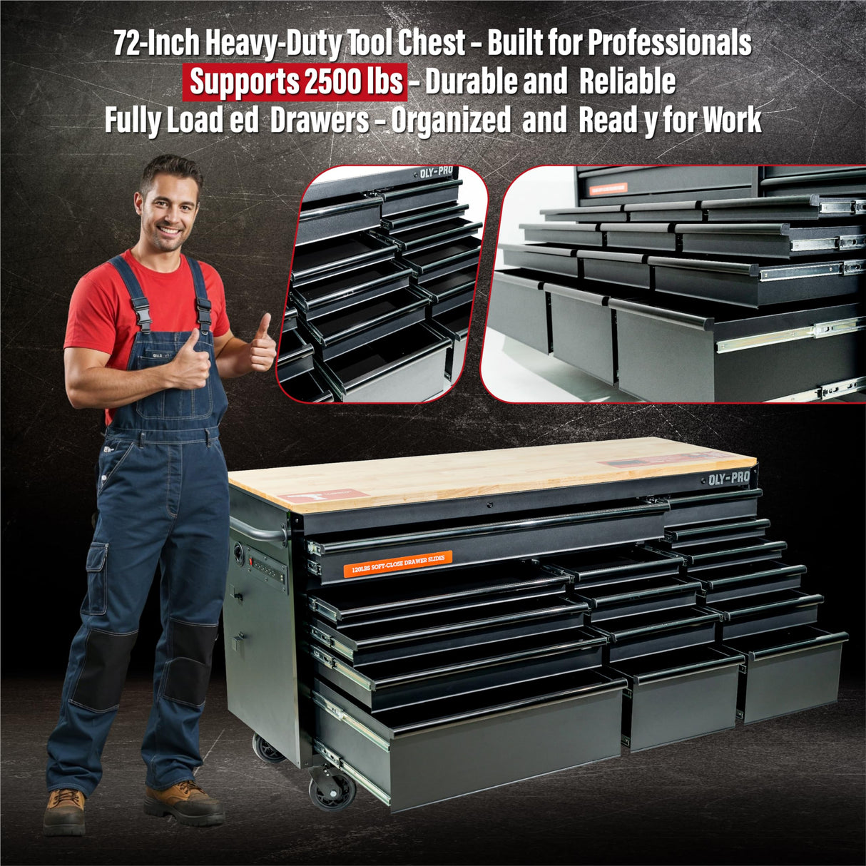 Olympia Tools 72 inch Heavy Duty Mobile Tool Chest Tool Box, with Solid Wood Top Workbench, 15-Drawer Rolling Tool Chest, Tool Storage Organizer for Garage, Workshop, and Home, Black Olympia Tools