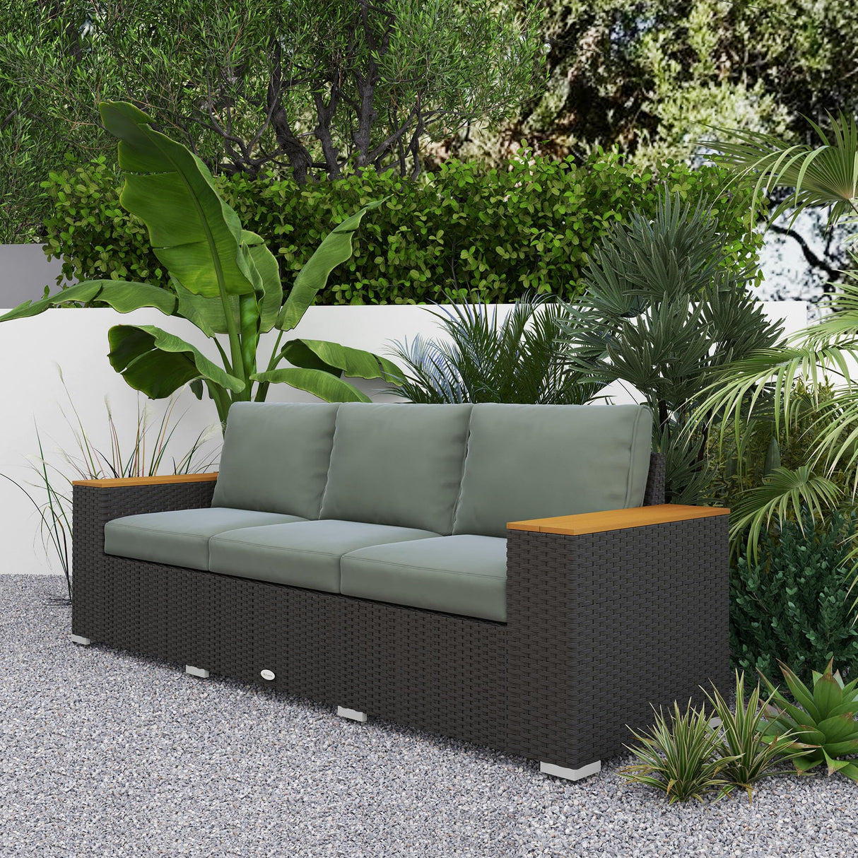 Outsunny 3-Seat Outdoor Patio Sofa with Cushions, PE Rattan Wicker Sofa with Wood Grain Wide Armrests, Outdoor Wicker Couch for Porch, Garden, Sunroom, Poolside, Dark Gray Outsunny