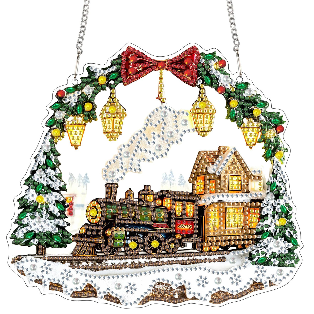 Yomiie Train House Sun Catcher Window Hanging - DIY Double Sided Diamond Painting Pendant Kit, Acrylic Diamonds Art Ornament for Front Door Sign & Indoor/Outdoor Garden Christmas Decor(8x8 inch) Yomiie