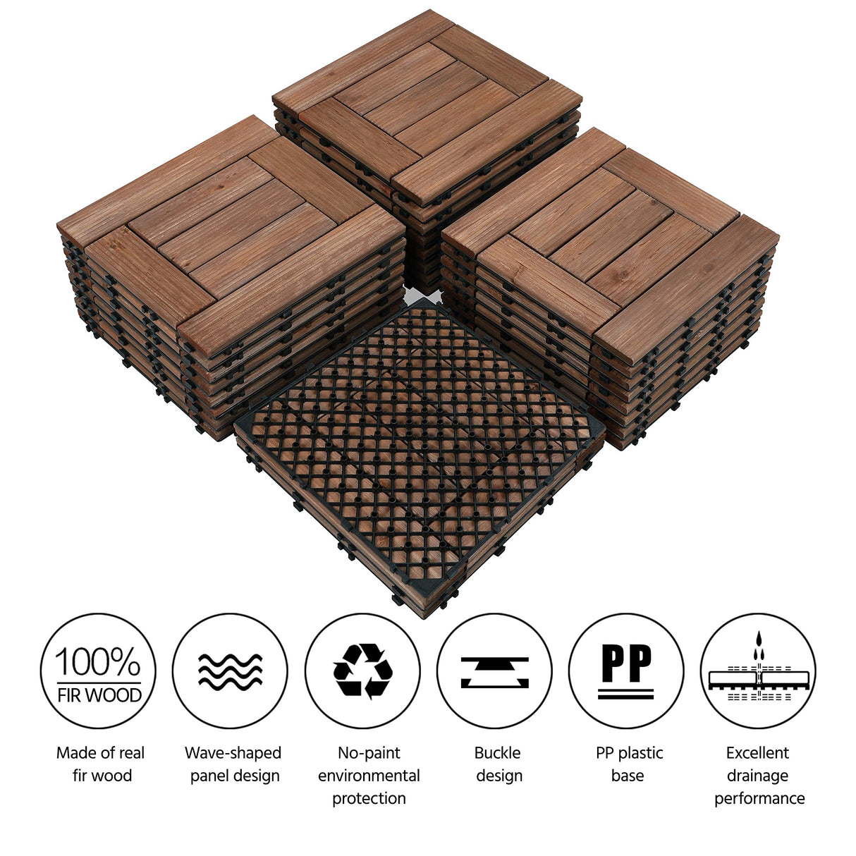 Yaheetech 27PCS Wooden Flooring Patio Deck Tiles Interlocking Tiles Patio Solid Wood and Plastic Indoor&Outdoor 12 x 12in Brown Yaheetech