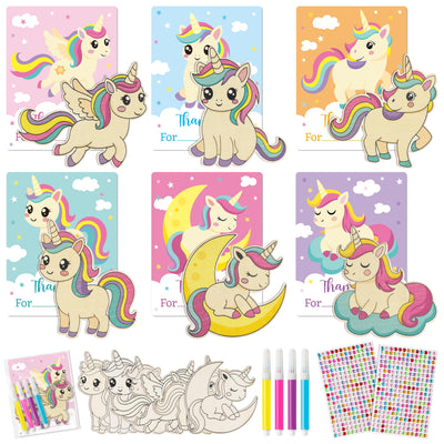 WATINC Wooden Painting Mother's Day Thank You Gifts - 24Pcs Unfinished Blank Wooden Cutouts for Kids, 6 Styles Wood Cutouts Ornament with Thanks Cards,DIY Your Own Party Favors Set (Unicorn
