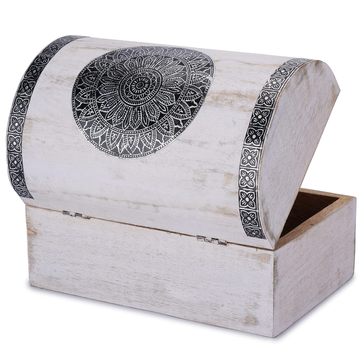 Ajuny Wooden Handcarved Decorative Jewelry Box with Mandala Flower Design on Lid Multipurpose Treasure Chest Keepsake Trinket Holder Storage Organizer Case Gifts White 9x6 Inch Ajuny
