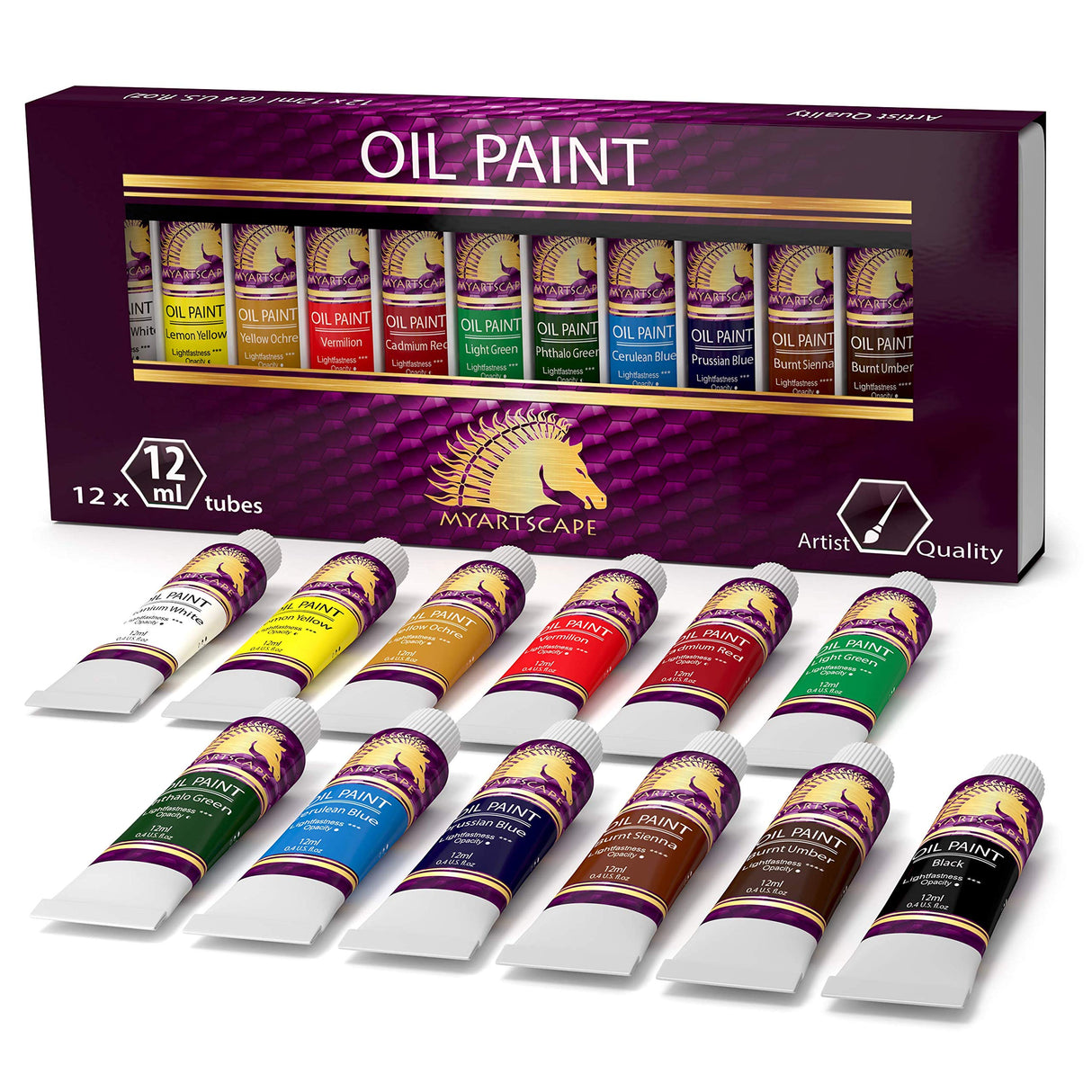 MyArtscape Oil Paint Set - 12 x 12ml Tubes - Lightfast - Heavy Body - Oil-based Vibrant Colors - High Pigment Load - Non-fading - Artist Quality Painting Supplies - Professional Craft Paints MyArtscape