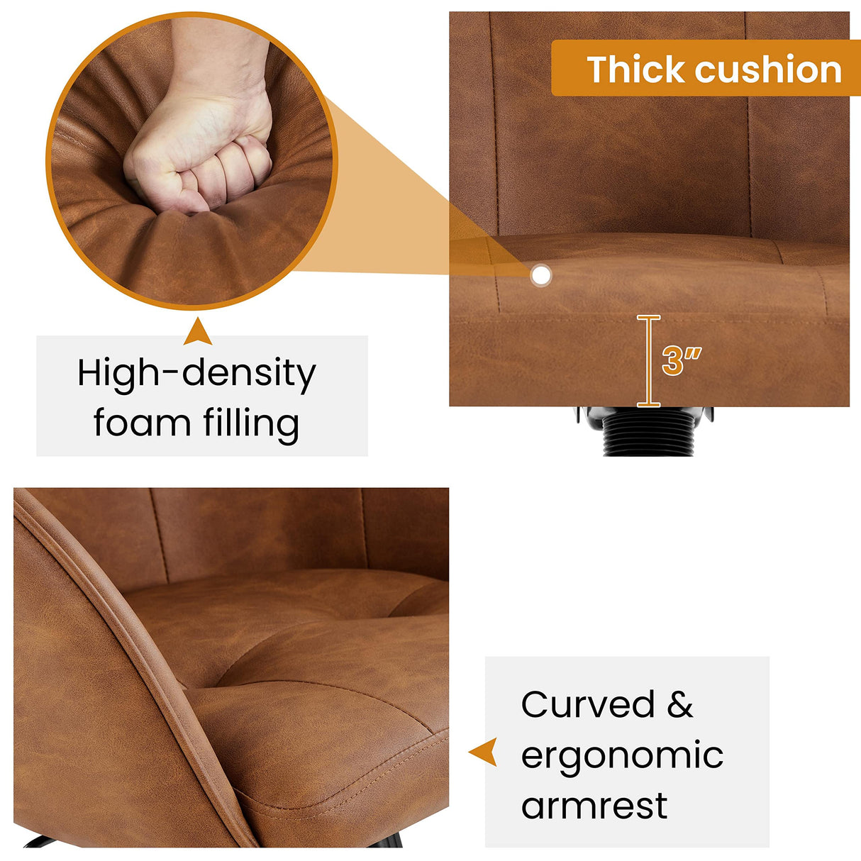 Yaheetech Faux Leather Desk Chair, Makeup Vanity Chair with Adjustable Tilt Angle, Swivel Office Chair Upholstered Armchair Study Chair for Bedroom and Makeup Room Retro Brown Yaheetech