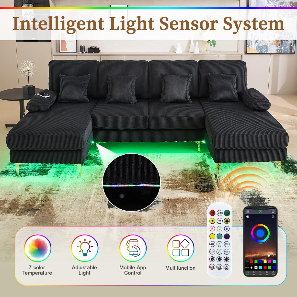 LIFEISLE 104" Sectional Couches for Living Room Modular Sofa with Double Chaise U Shaped Sofa Set with Intelligent Light for Home Furniture, Black LIFEISLE