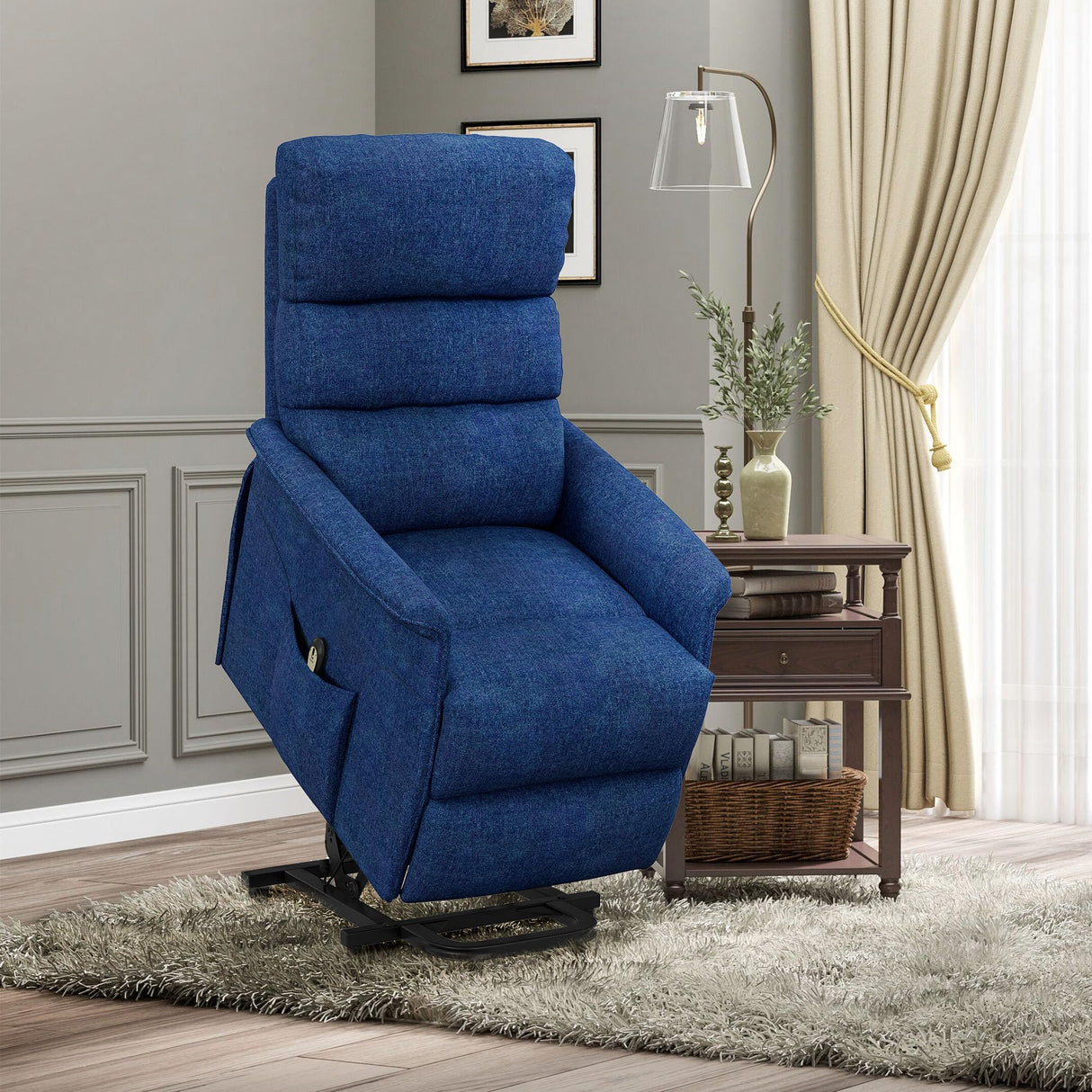 HOMCOM Power Lift Recliner Chair for Elderly, Easy Assembly, Fabric Lift Chair for Adults, Recliner Sofa with Remote Control, Side Pockets for Living Room, Dark Blue HOMCOM