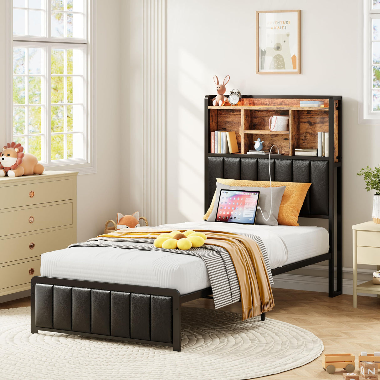 ANCTOR Twin Size Bed Frame with Upholstered Headboard and LED Light, Strong Platform Bed with Charging Station,No Box Spring Needed ANCTOR