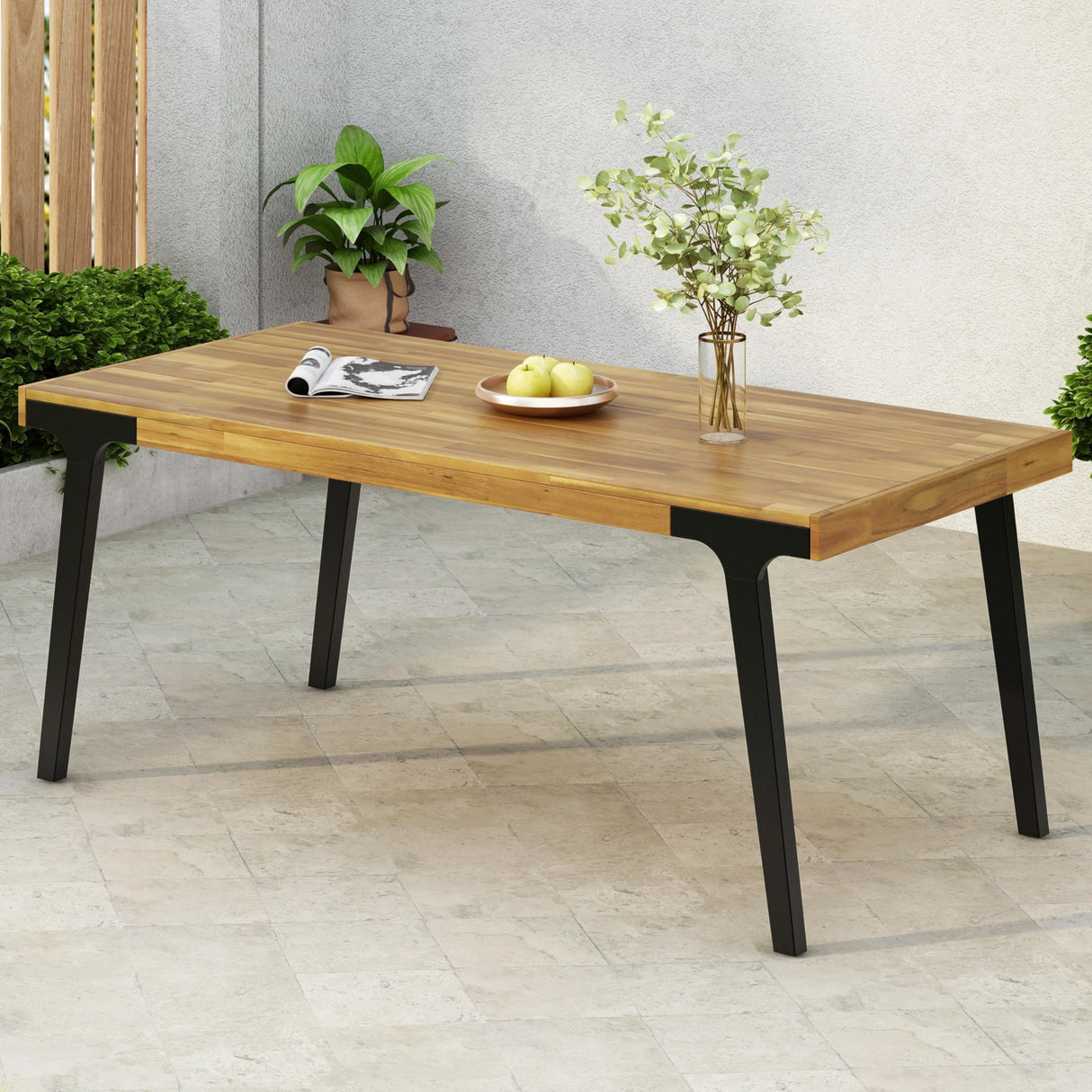 Christopher Knight Home Harpe Outdoor Patio Acacia Wood Dining Table Rectangular, Wood Slat Panel Top Dining Table, Dining Table for Backyard, Garden, Lawn,Teak Finish+Black 32.00" Dx69.00 Wx30.00 H Christopher Knight Home