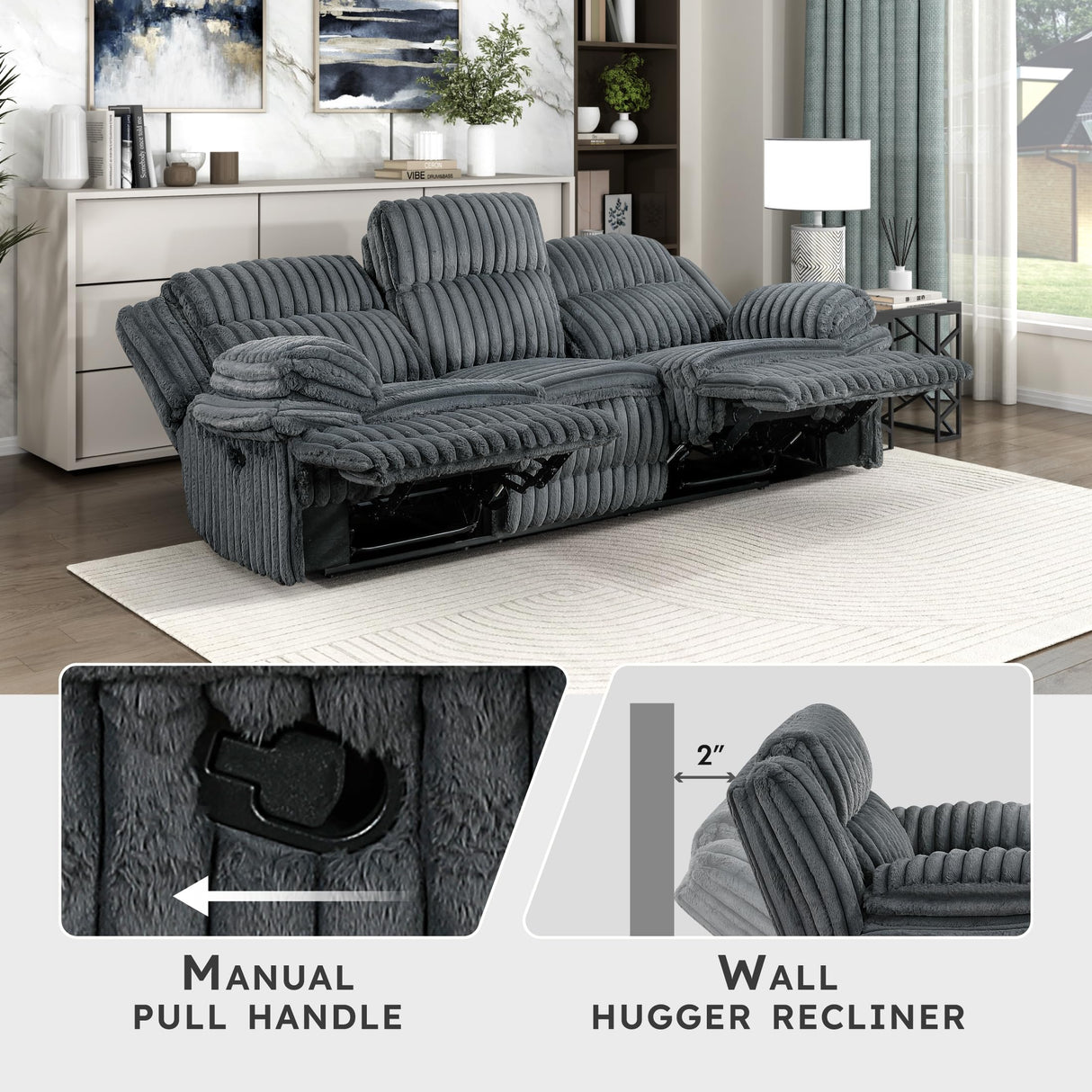 Lexicon Manual Double Reclining Sofa, Corduroy Manual Wall Hugger Recliner Couch, Pillow Top Arms, Plush Foam Cushions Over Pocket Coils, Cozy Reclining Sofa for Living Room, Dark Gray Lexicon