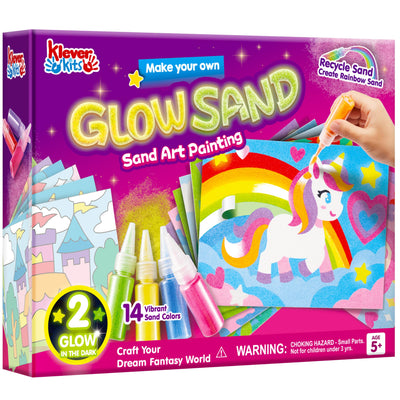Klever Kits Glow Sand Art Kits for Kids, Glow in The Dark Sand Painting with 14 Colors, Kids Crafts, 6 Fantasy Templates & 4 DIY Sheets, Mess Free Arts and Crafts, Unicorn Gifts for Girls Ages 5+