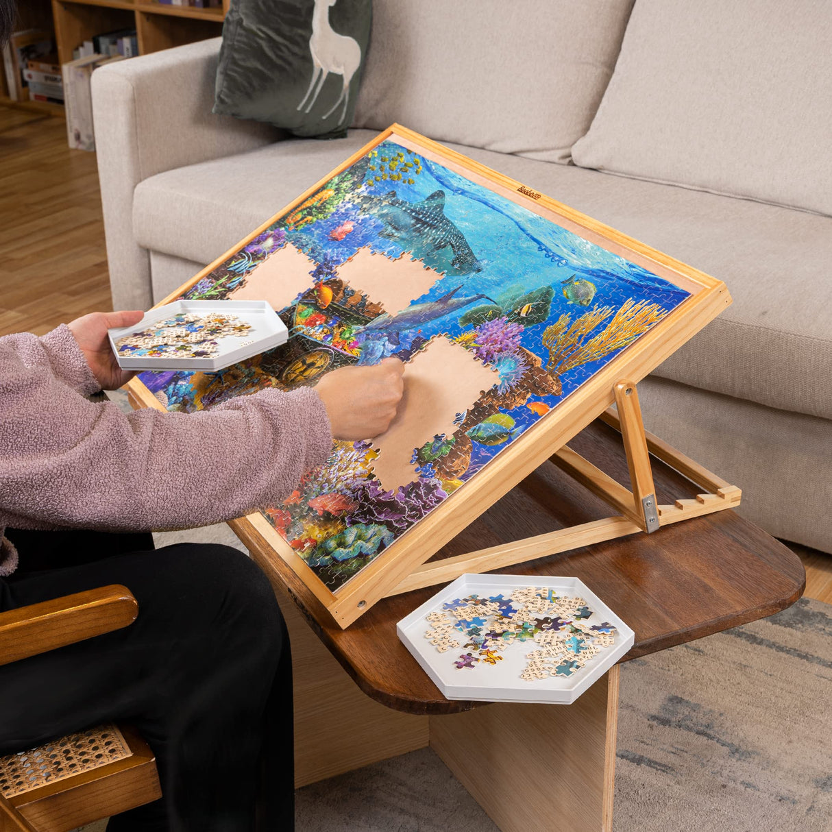 Becko US Jigsaw Puzzle Board Adjustable Wooden Puzzle Easel Portable Jigsaw Puzzles Plateau for Adults and Kids, 30.1 × 20.07 Inch for Up to 1000 Piece Becko US