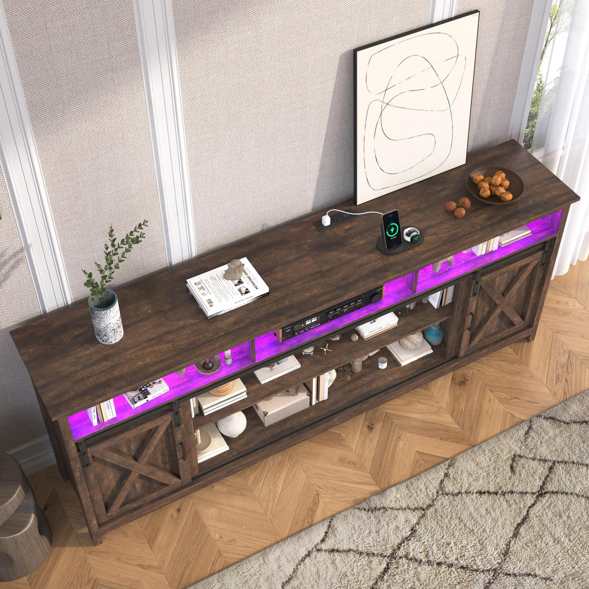 jiteentarou Farmhouse TV Stand for 90/85 Inch TV with Power Outlet, LED Entertainment Center with Storage and Sliding Barn Doors, Wood Media Console for Living Room, Brown jiteentarou