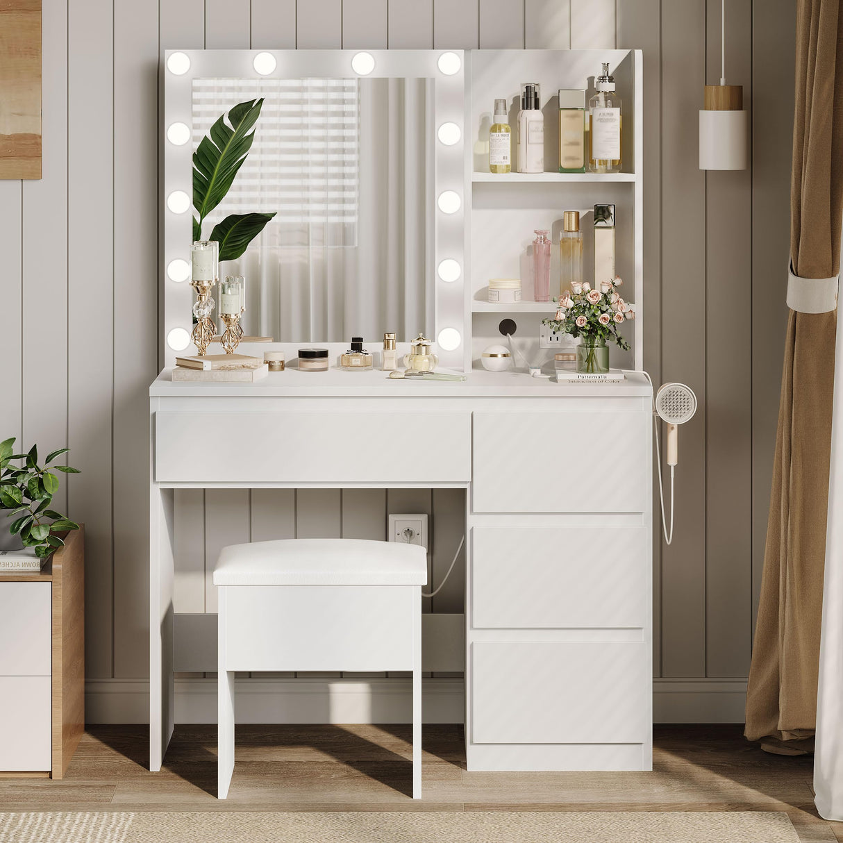 Decofy Vanity Desk with Mirror and 12 LED Lights, Makeup Vanity Table with USB & Power Outlets, 4 Drawers and Hairdryer Holder, Padded Stool with Storage, White Decofy