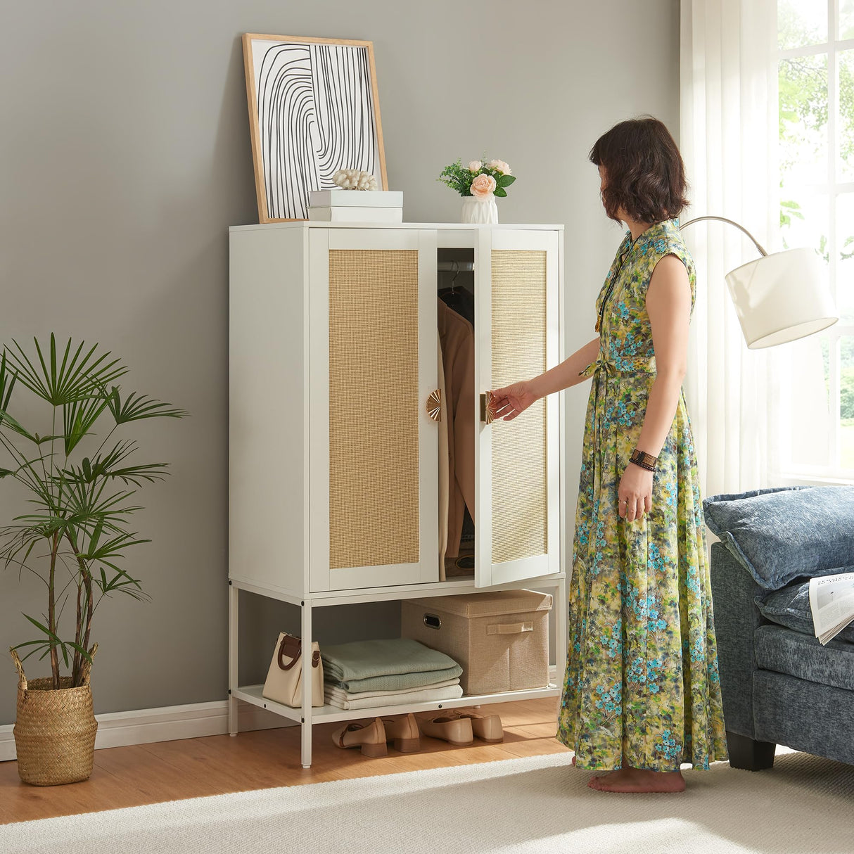 MtuxuYR Natural Rattan Wardrobe Closet,Elegant Handle Bedroom Armoire with Aluminum Hanging Rod,Wooden Freestanding Wardrobe Armoires with 2 Doors for Apartment Office(White) MtuxuYR