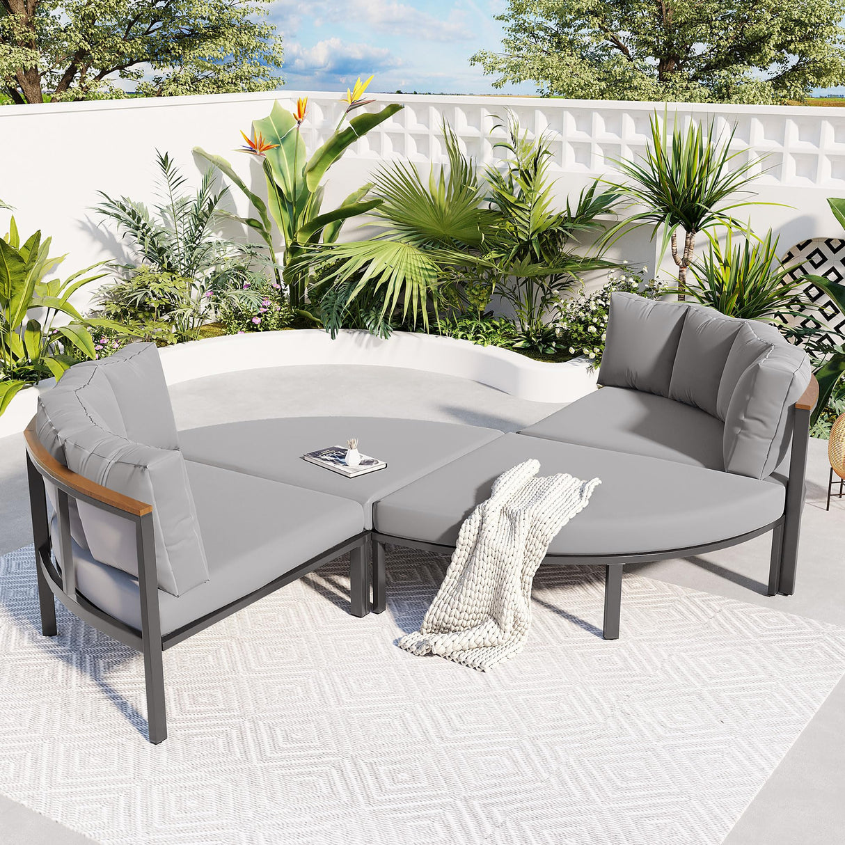 KLMM Farmhouse 4 Piece Round Outdoor Conversation Set,Patio Sectional Sofa Set with 8 Back Cushions,for Porch Lawn Garden Backyard Poolside (Gray@Round) KLMM