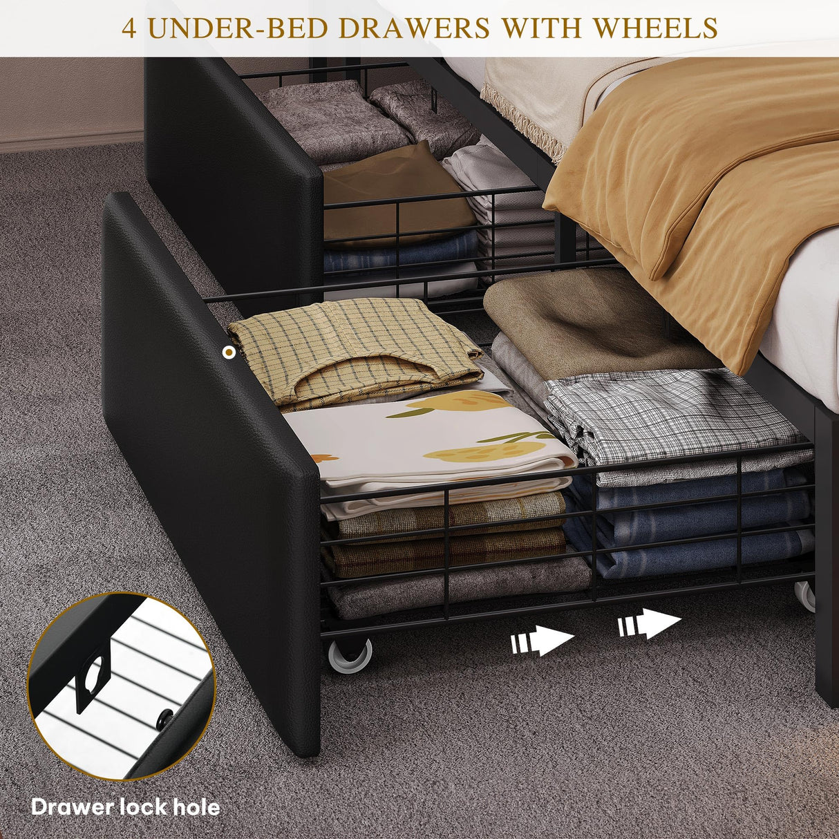 YITAHOME Queen Size Bed Frame with RGB LED Lights & Storage Bookcase Headboard, Upholstered Bed with Charging Station and 4 Drawers, No Box Spring Needed, Easy Assembly, Noise-Free, PU Leather Black YITAHOME