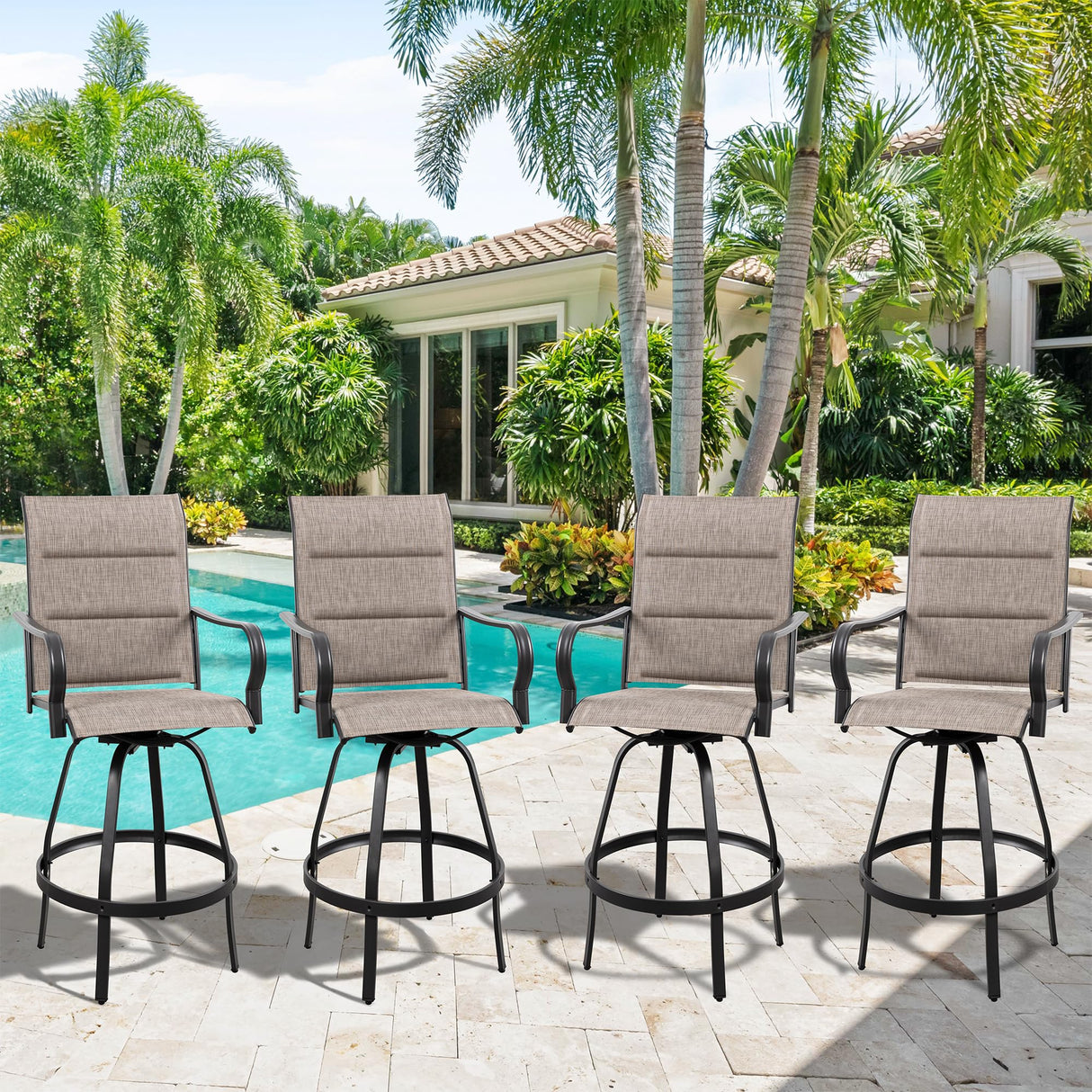 Vongrasig 4 Piece Outdoor Patio Swivel Bar Chairs, All Weather Padded Sling Textile High Top Bar Stools, Bistro Set for Backyard, Lawn Garden, Balcony, Gray Vongrasig