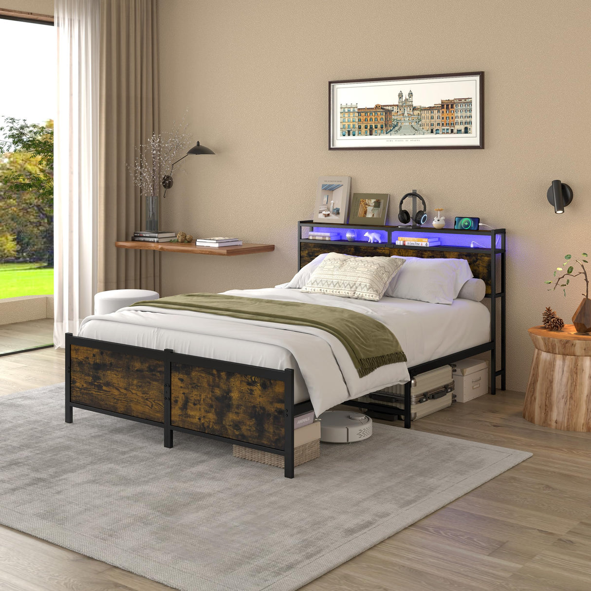 Bellemave Queen Size Bed Frame with Charging, Queen Size Bed Frame with Headboard and Charging Station, Brown Platform Bed Frame with Led Lightstation, No Box Spring Needed, (Queen,Rustic Brown) Bellemave