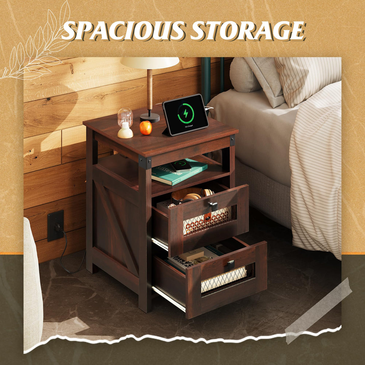 WLIVE Nightstand with Charging Station, Farmhouse End Table, Side Table with 2 Mesh Drawers Storage & Open Shelf, Rustic Wooden Cabinet Night Stand for Living Room, Bedroom, Espresso WLIVE