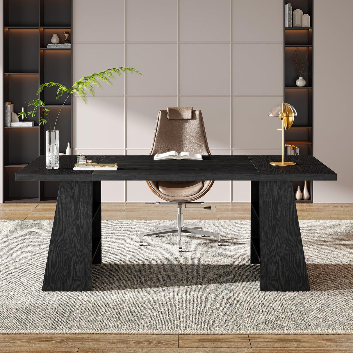 Tribesigns 63-Inch Executive Desk, Modern Large Office Computer Desk with Double Pedestal and Storage Shelves, Simple Writing Conference Table Workstations Business Furniture for Home Office, Black Tribesigns