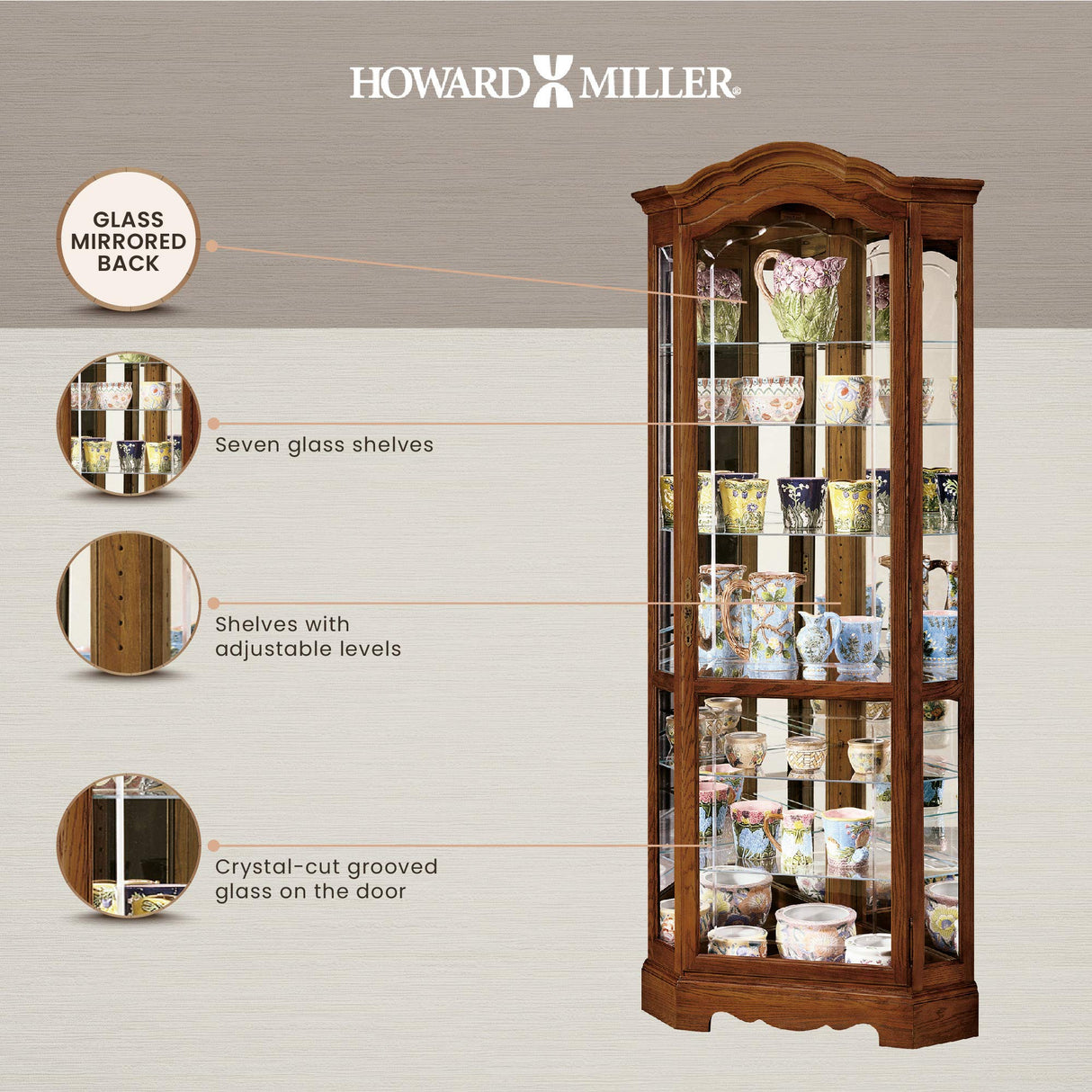 Howard Miller Jamestown II Corner Curio Cabinet 680-250 – Oak Yorkshire Finish Home Decor, Seven Glass Shelves, Eight Level Display Case, Locking Front Door & Halogen Light Howard Miller