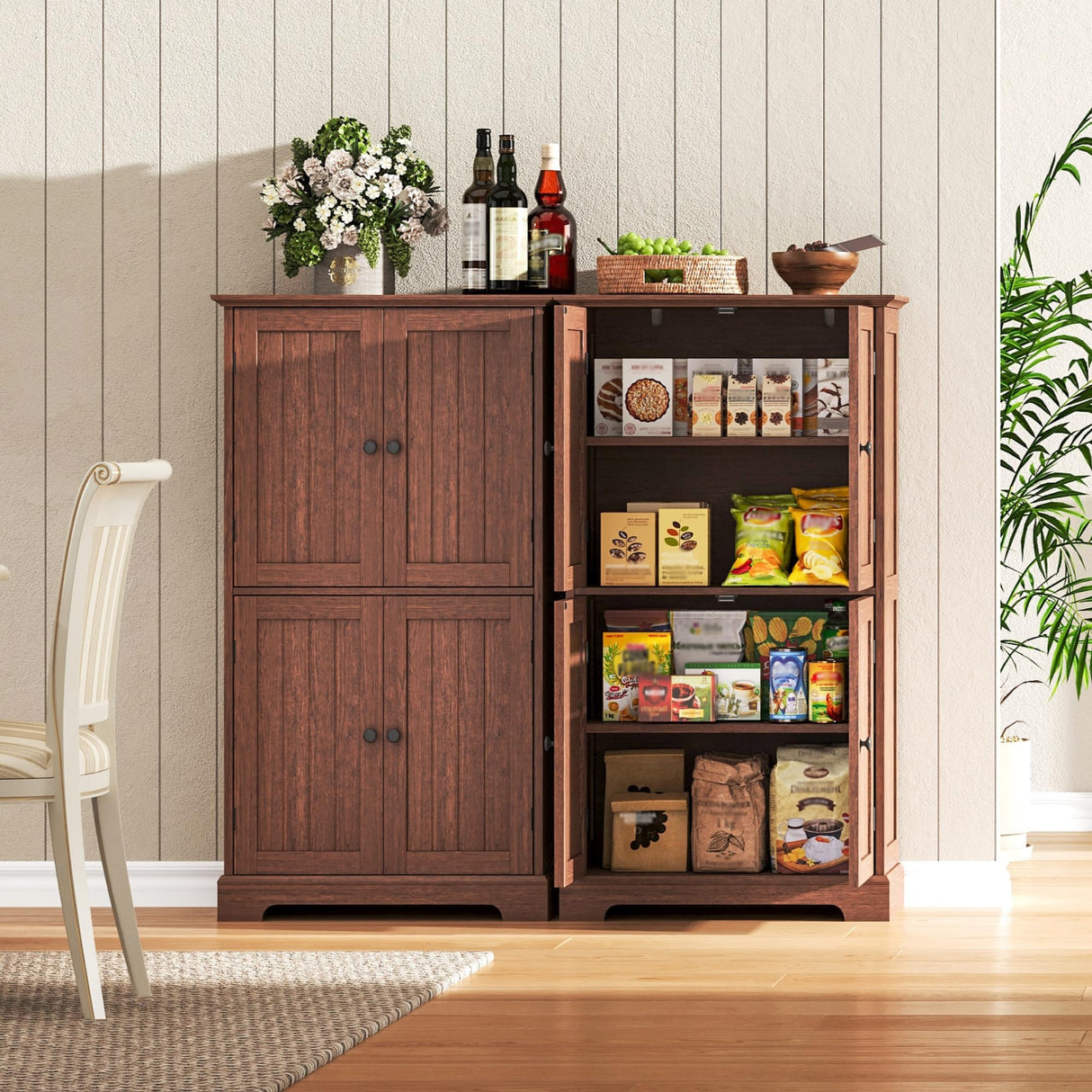 ChooChoo Bathroom Floor Cabinet, Farmhouse Bathroom Storage Cabinet with 4 Doors and Adjustable Shelves, Pantry Cabinet for Living Room, Kitchen, Walnut ChooChoo