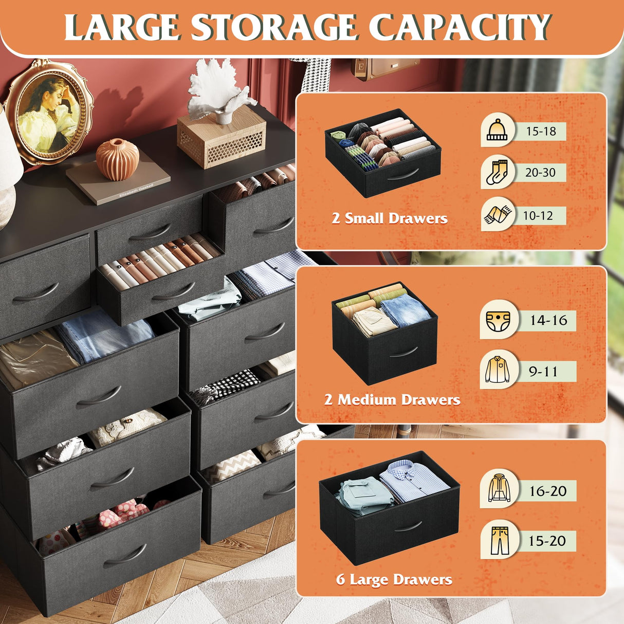 WLIVE Dresser for Bedroom with 10 Drawers, Fabric Dresser Chest of Drawers with Side Pockets and Hooks, Sturdy Metal Frame, Drawers Organizer Unit for Living Room, Hallway, Black WLIVE